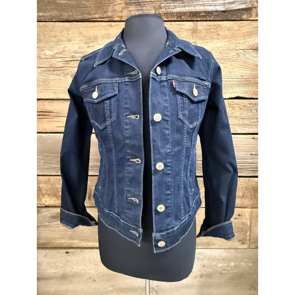 Levis Womens Indigo Denim Trucker Jacket Dark Wash Button Up Size M